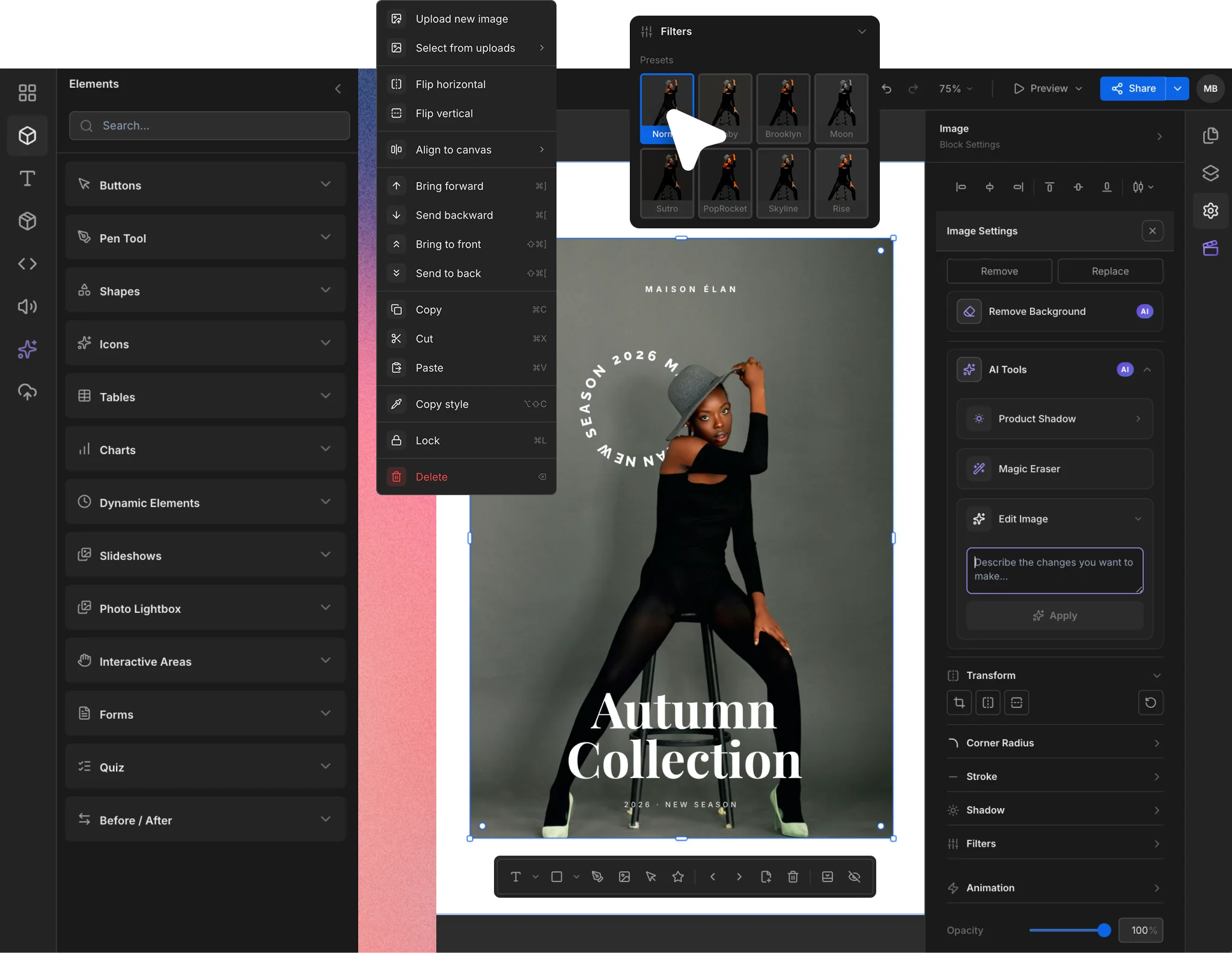 A catalog page in the Creavim editor, with image, text and page design tools.